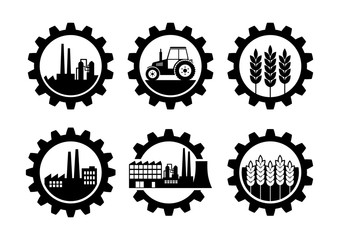 Black industrial icons on white background