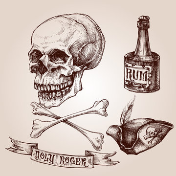 Pirate set, skull and crossbones, pirate hat and a bottle of rum
