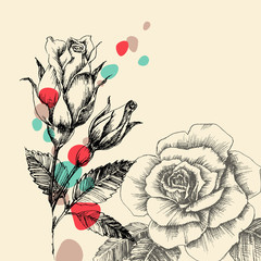 Floral greeting card, retro hand drawn roses with color drops