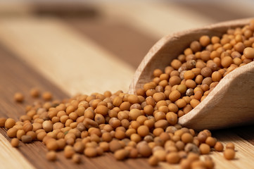 Mustard seed on a wooden, two colored board.