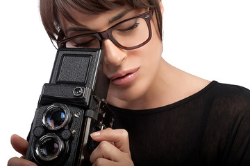 Young Woman Capturing Photo Using Vintage Camera