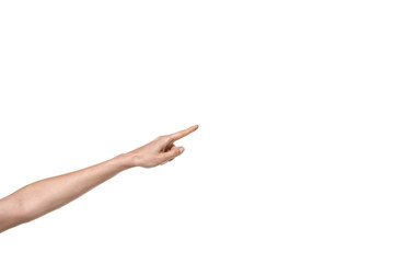Naklejka premium Hand with one finger pointing. Studio shot isolated on white.