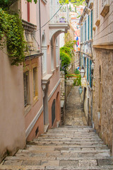 Narrow street and stairs in the Old Town in Dubrovnik, Croatia 