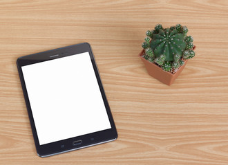 Black tablet pc and cactus on wooden table