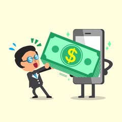 Cartoon businessman pulling money stack from smartphone