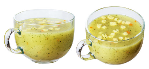 Cream soup with croutons in a circle for the broth, isolate on a