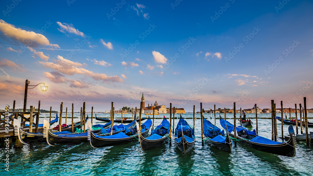 Wall mural gondolas in venice - sunset with san giorgio maggiore church. san marco, venice, italy