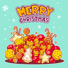 Obraz na płótnie Canvas Vector illustration of red and yellow pile of christmas items an