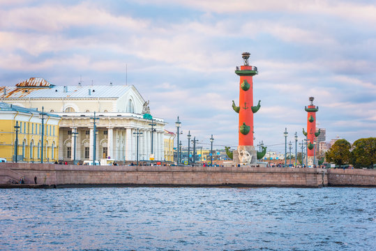 Old Saint Petersburg Stock Exchange and Rostral Columns in Evening