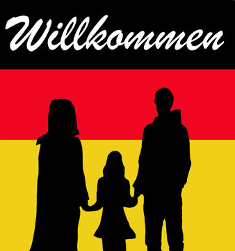 Flüchtlinge Willkommen, deutsche Fahne mit Silhouetten