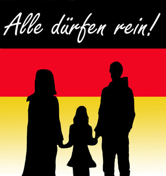 Flüchtlinge Willkommen, deutsche Fahne mit Silhouetten