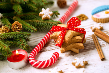 Cookies with candy and christmas tree