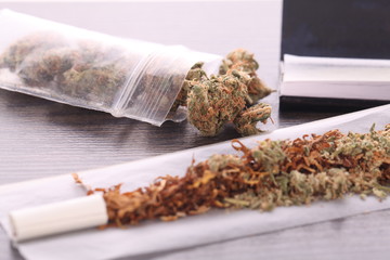 Cannabis Marihuana mit Papier und Joint zum drehen Drogen