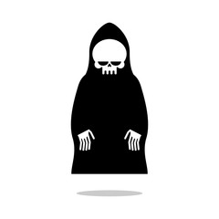 Death cloak hovers above ground. Grim Reaper in black hood. Cute