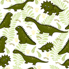 vector seamless pattern of funny cartoon dinosaurs