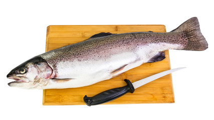 Rainbow trout on wooden board with knife isolated on white background