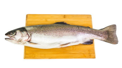 Rainbow trout on wooden board isolated on white background