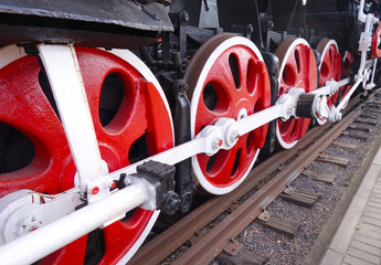 the wheels of a steam locomotive