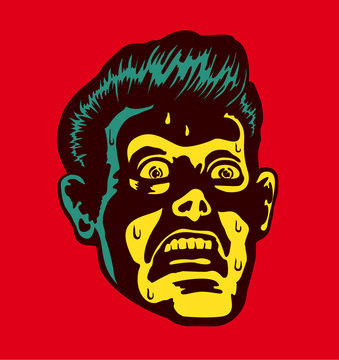 Vintage frightened man with scared and terrified face expression looking at something disturbing or mind-blowing, comic book style portrait with light from below