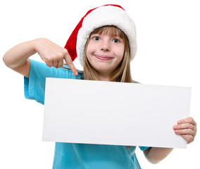 Girl in Santa hat with whiteboard