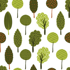 Vector seamless doodle background with textured green trees.