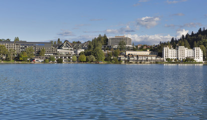 Fototapeta na wymiar Bled town cityscape with lake