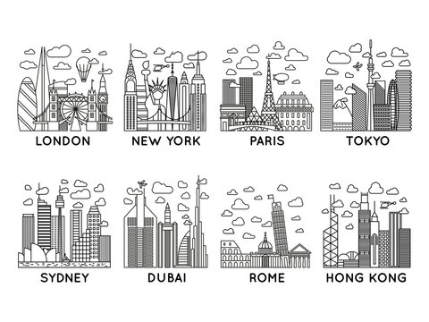 line vector city icons. london, new york, paris, tokyo, sydney, dubai, rome, hong kong. line art collection