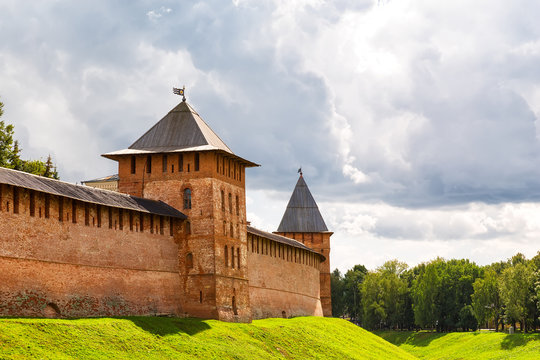 Old towers of Novgorod Kremlin, Veliky Novgorod, Russia