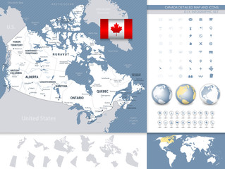 Canada detailed map and icons.Grey and blue