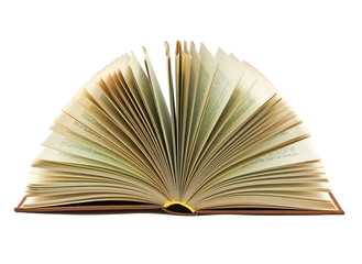Opened old book isolated on white