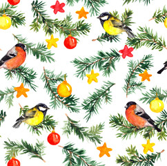 Birds on fir tree with christmas decor. Watercolor pattern