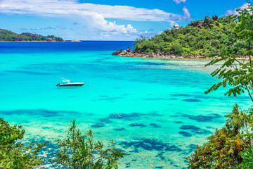 Yacht in paradise bay of Seychelles, Praslin