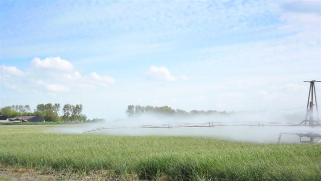 An irrigation machine spraying water on a wheat field during a warm spring day. The camera is panning from left to right.