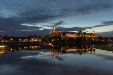 Wawel Castle and Wawel cathedral seen from the Vistula boulevards in the morning
