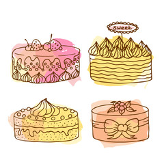 Vector cake illustration. Set of 4 hand drawn cakes with colorful watercolor splashes. Cakes with cream and berries.