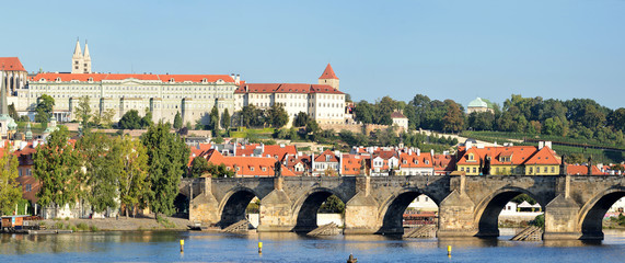 Charles Bridge in Prague -Stitched Panorama - obrazy, fototapety, plakaty