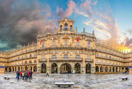 Famous historic Plaza Mayor in Salamanca, Castilla y Leon, Spain