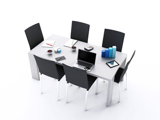3d Office meeting room with office accessories.