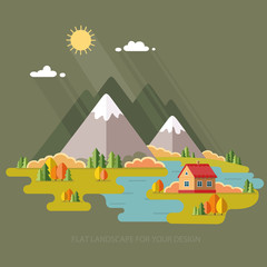 Autumn landscape. Vacation home on a background of mountains. Ve