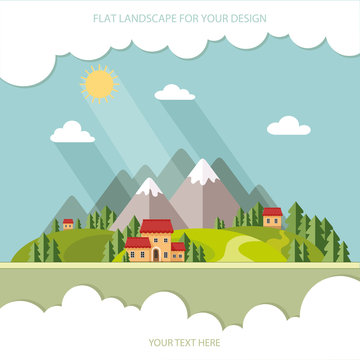 Landscape. Houses in the mountains among the trees. Flat style,