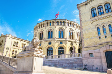 Stortinget, the seat of Norway's parliament. - obrazy, fototapety, plakaty