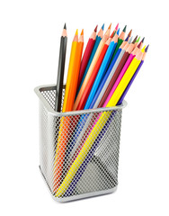 Colored pencils in pot isolated on white background