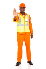 african american worker with stop gesture
