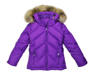 Purple women winter jacket, isolated on pure white background