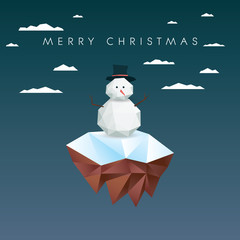 Low poly snowman on polygonal floating island. Christmas card