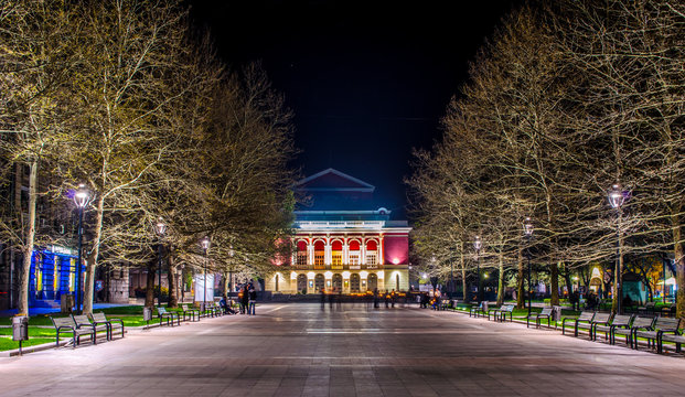 night view over building of bulgarian national opera house in rousse - ruse.