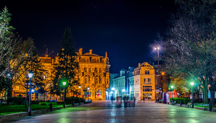 night view of the illuminated main square in Ruse, Bulgaria. Ruse (also known as Rousse) is the 5th...