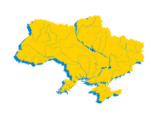 Map of Ukraine in Ukrainian flag colors. Rivers are shown.