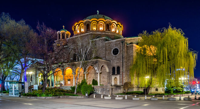 night view of the illuminated sveta nedelya church in bulgarian capital sofia.