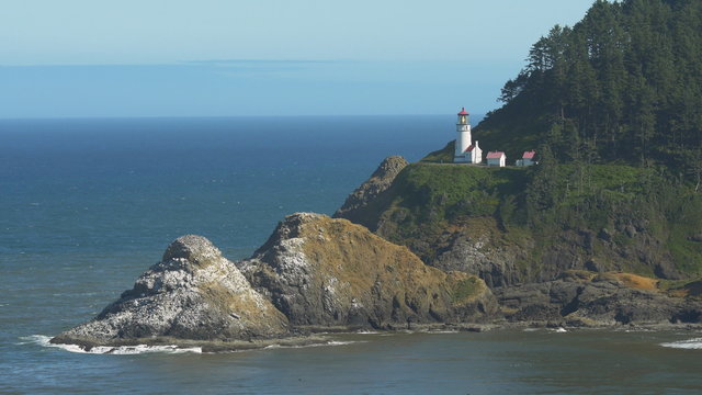Closeup, locked down view of Heceta Head Lighthouse north of Florence, Oregon.
